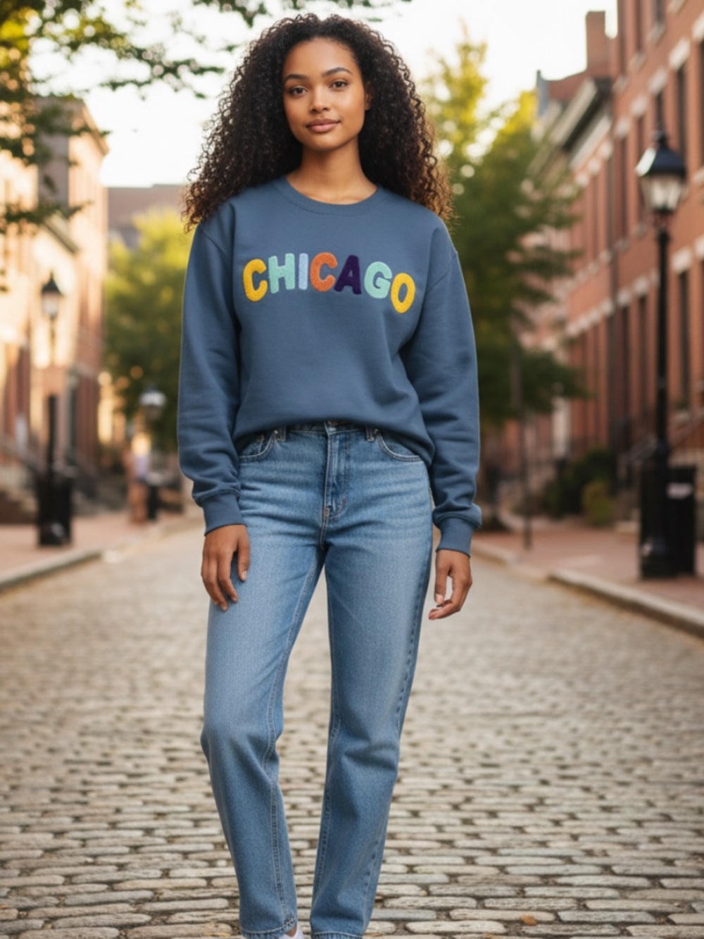 New York Popular Blue 'Chicago' Appliqué Crewneck Sweatshirt